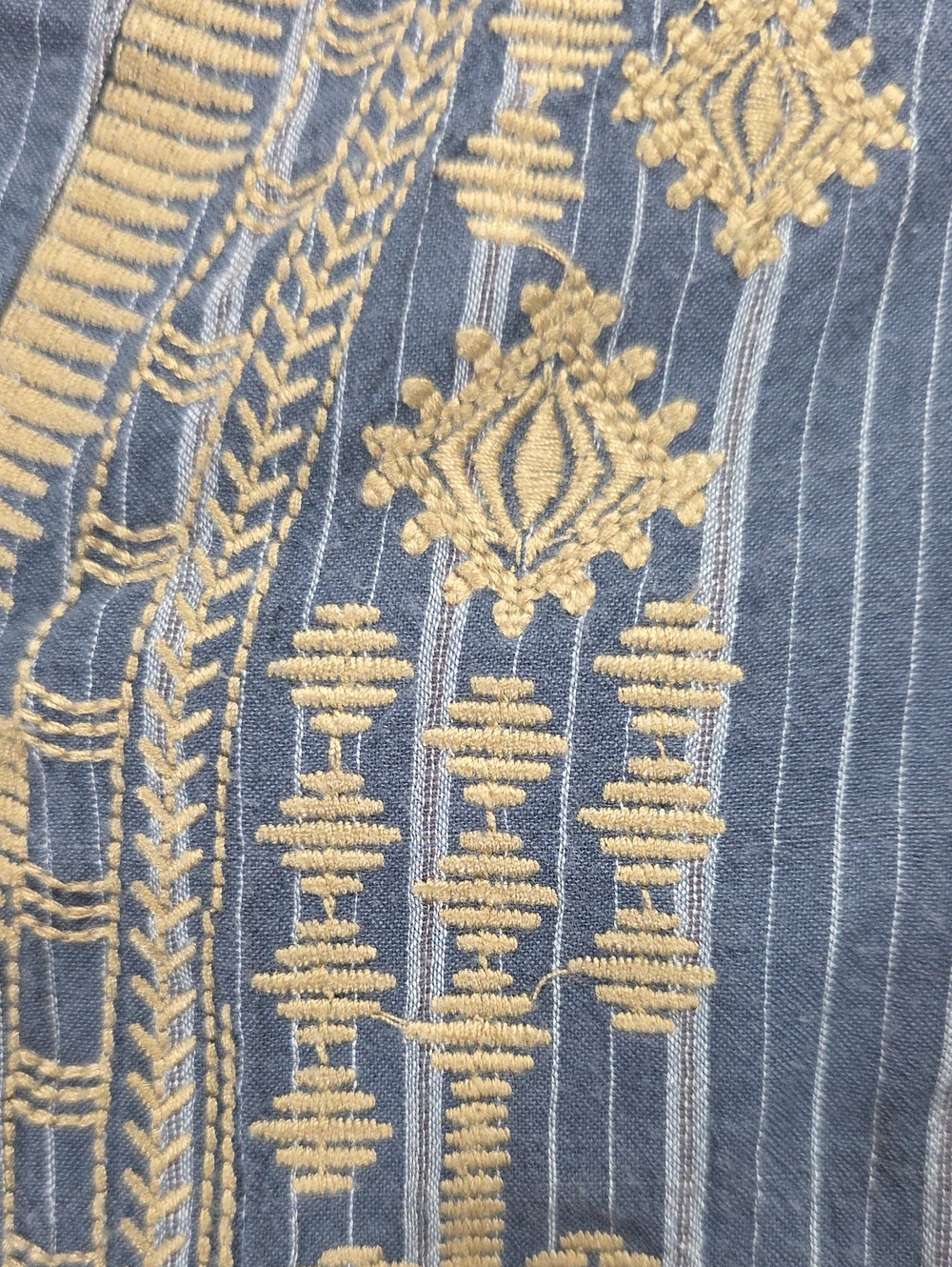 Nurture Blue Stripe Button-Front Shirt Tan Embroidery Loose Flowy Size XL Boho - Picture 3 of 11
